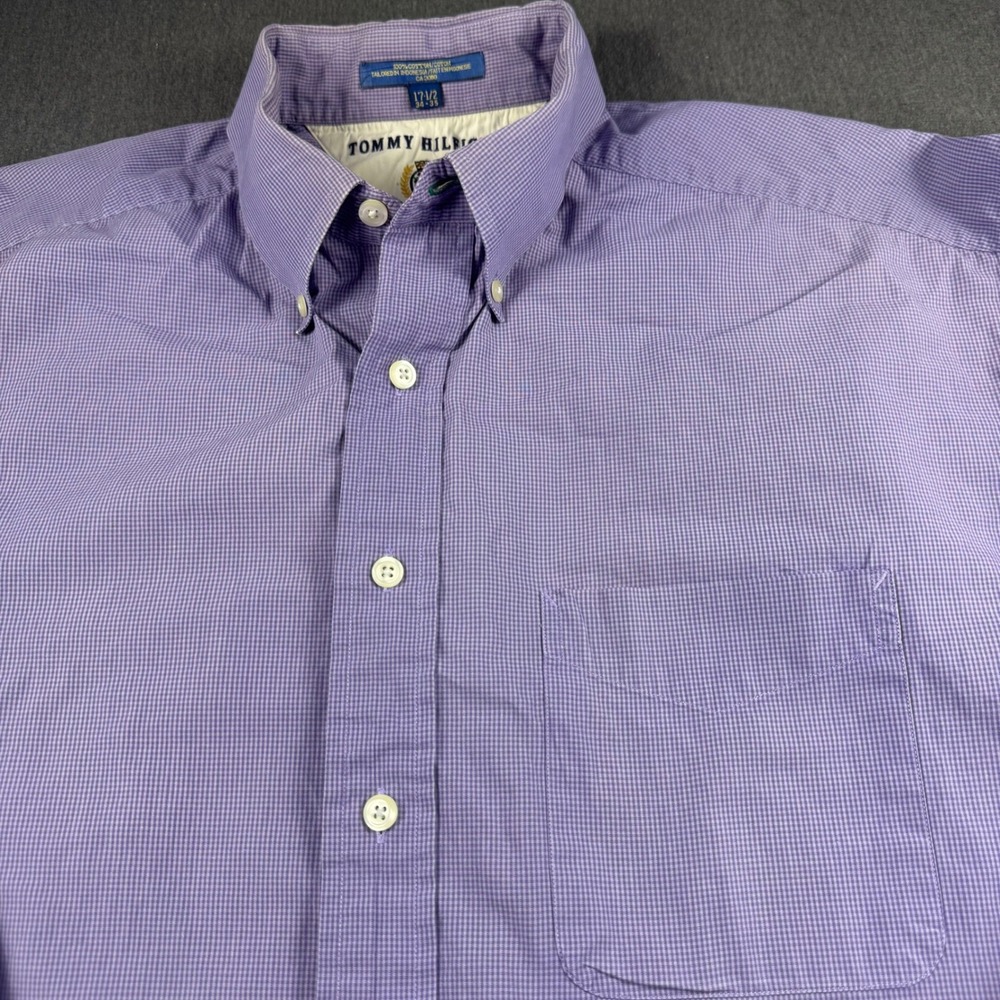 Tommy Hilfiger Mens Purple Gingham Button Down Shirt 17.5 34/35 Cotton Tailored